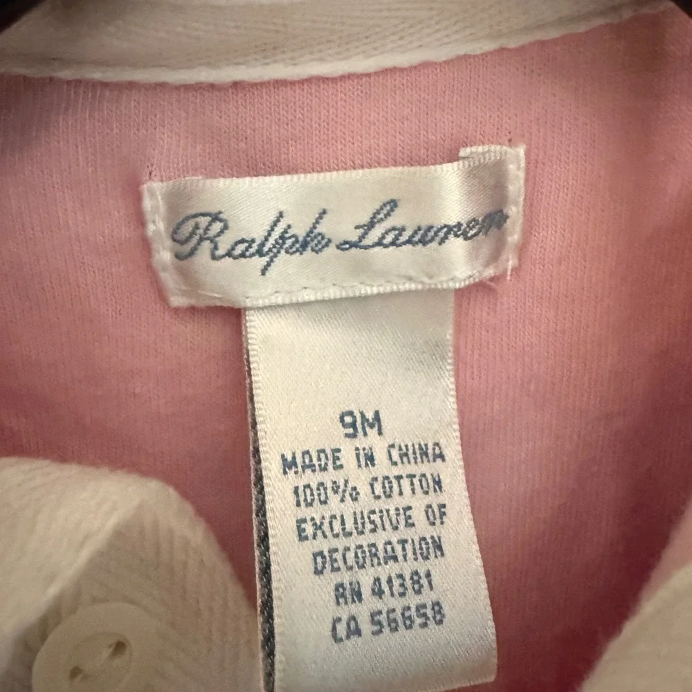 Vintage Ralph Lauren Baby Girl 9M Pink Blue‎ Striped Long Sleeve Romper